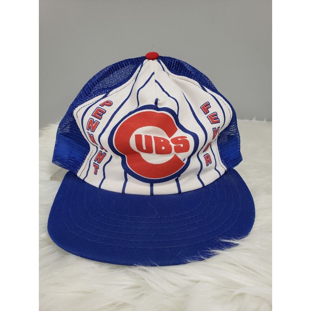 VINTAGE 90s Rare Chicago Cubs Pennant Fever Blue/White Striped Mesh Snapback Hat